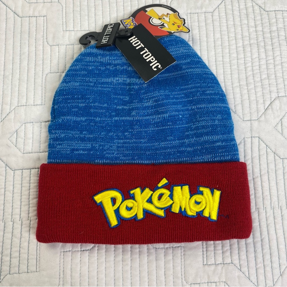 Pokemon Blue Red Word Logo Mens Knit Beanie Winter Hat Hot Topic NEW